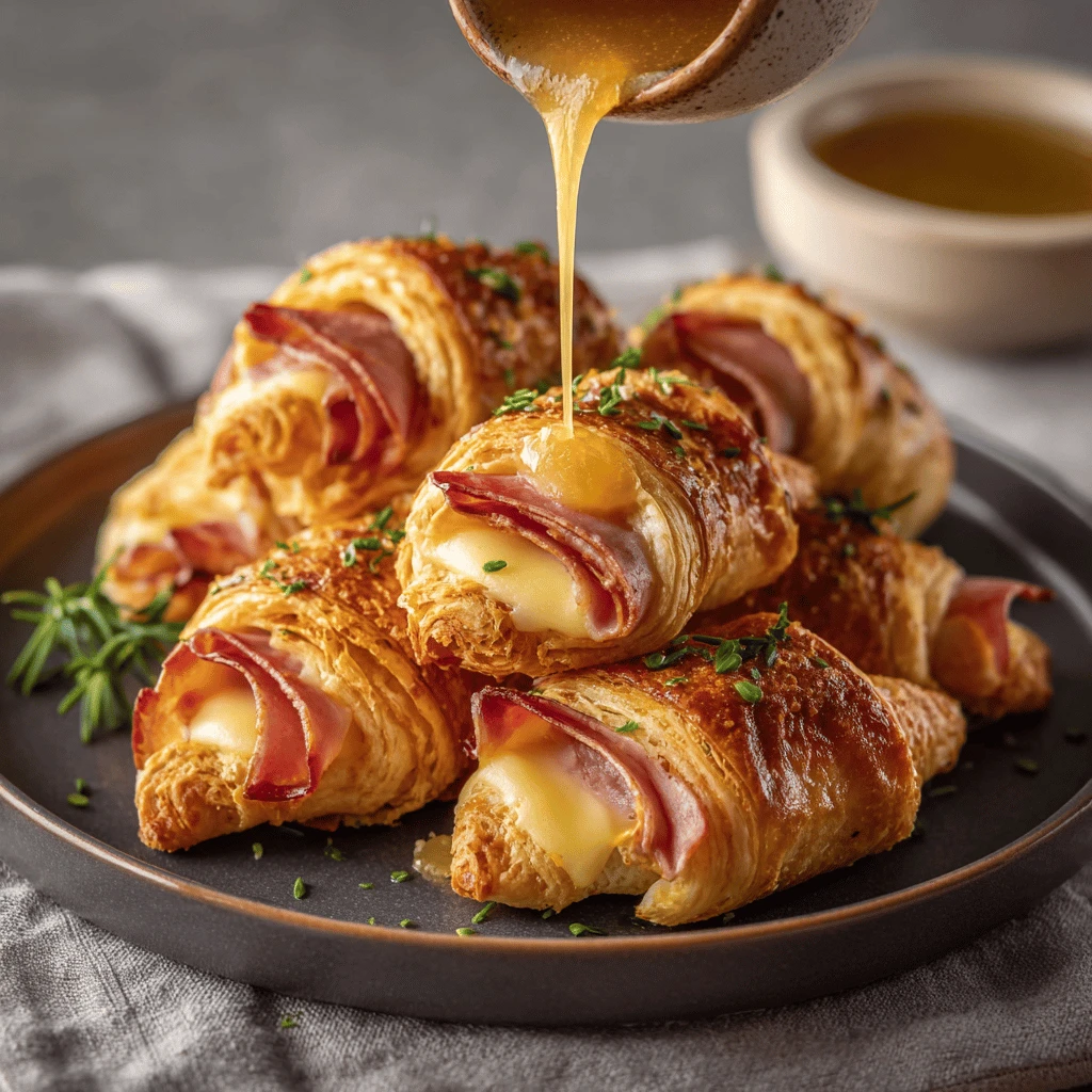 Gouda & Ham Crescent Roll-Ups with Honey Mustard Drizzle