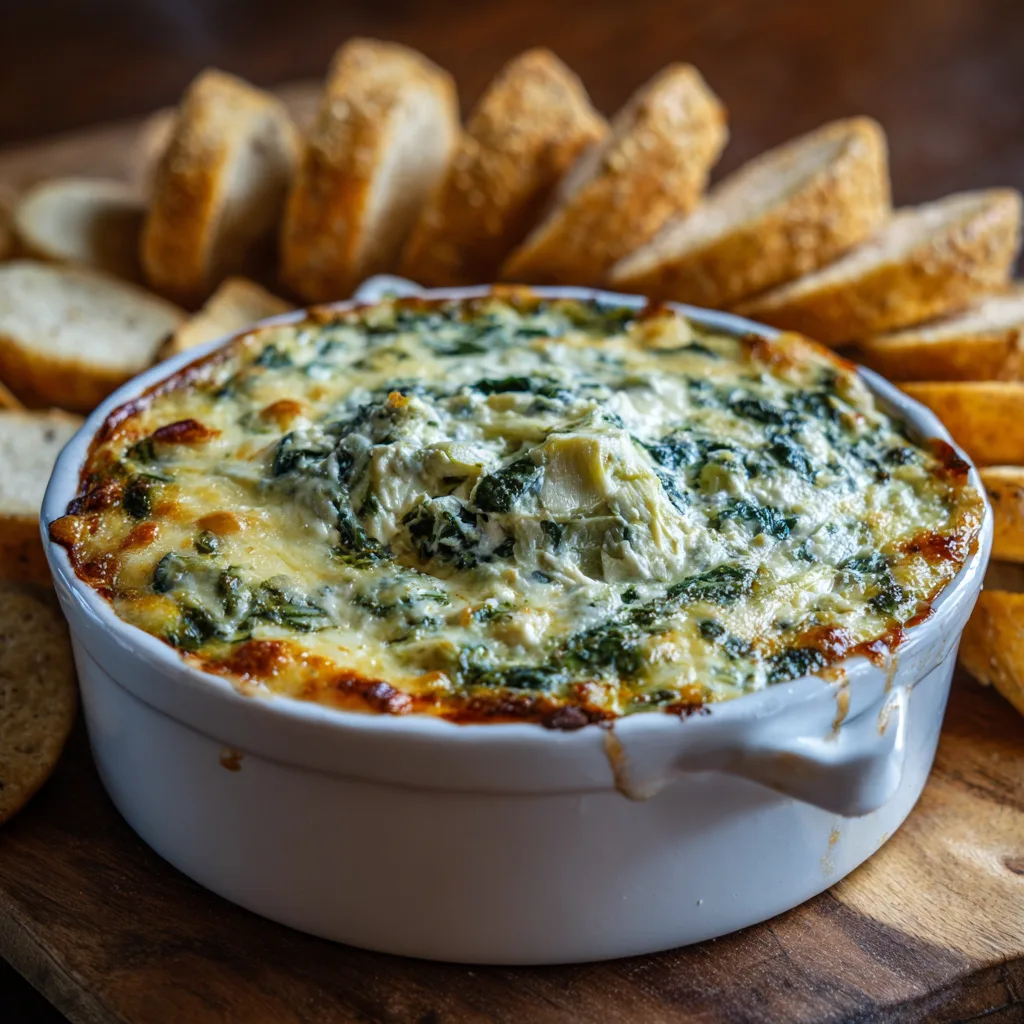 Spinach and Artichoke Dip – creamy baked appetizer with spinach, artichokes, cream cheese, and melted cheese served warm. 1