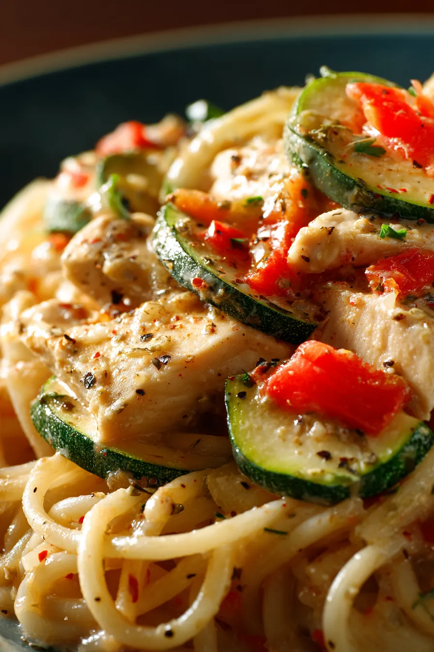 Finished chicken pasta close-up texture