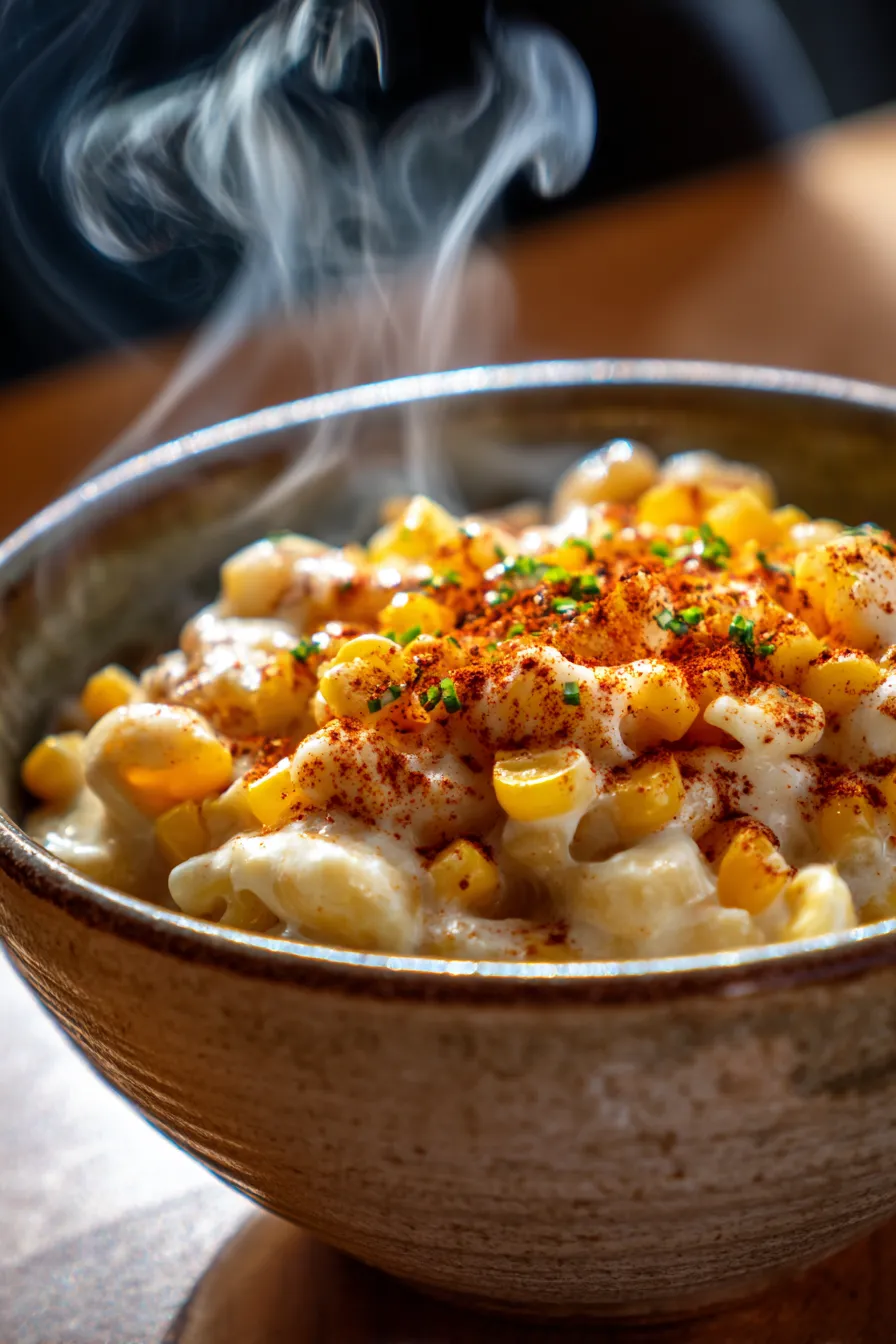 Alfredo pasta dish-corn-paprika-texture-closeup