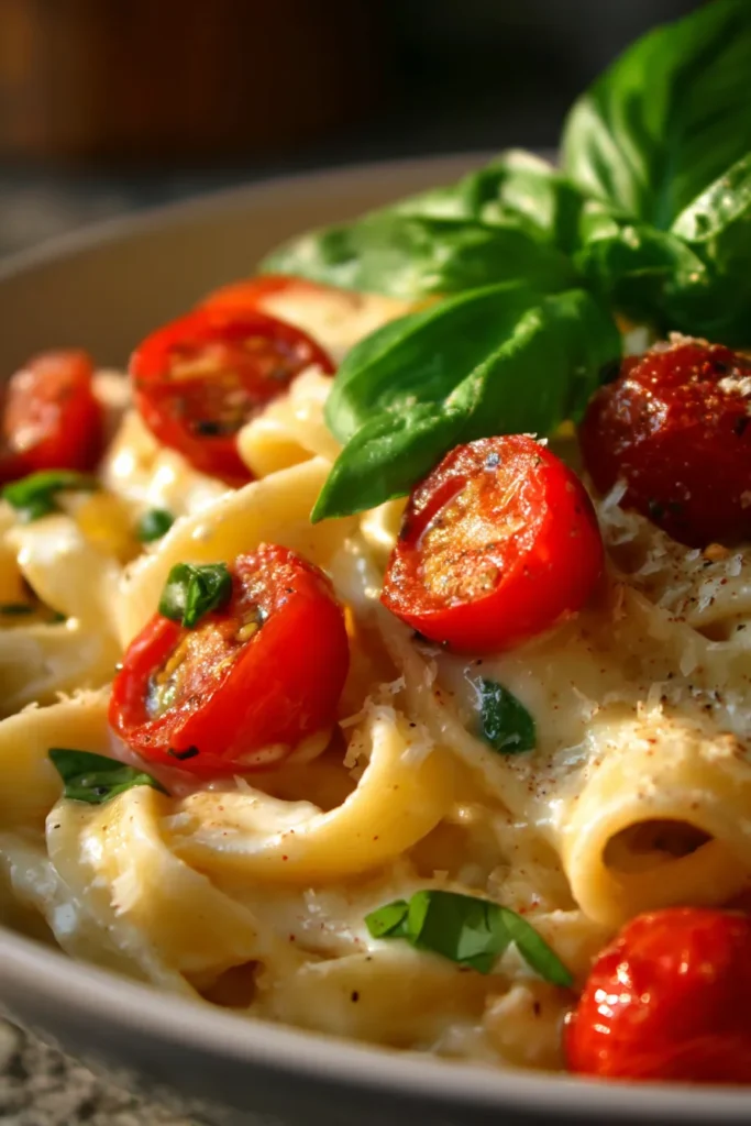 Creamy Alfredo with Burst Cherry Tomatoes & Fresh Basil
