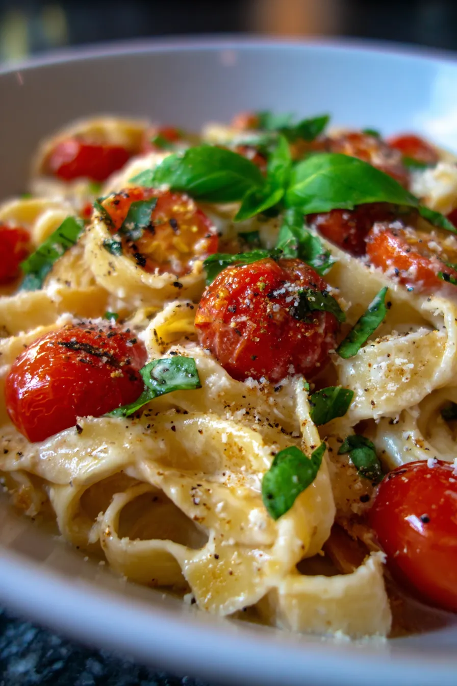 Alfredo with Cherry Tomatoes & Basil-served-table