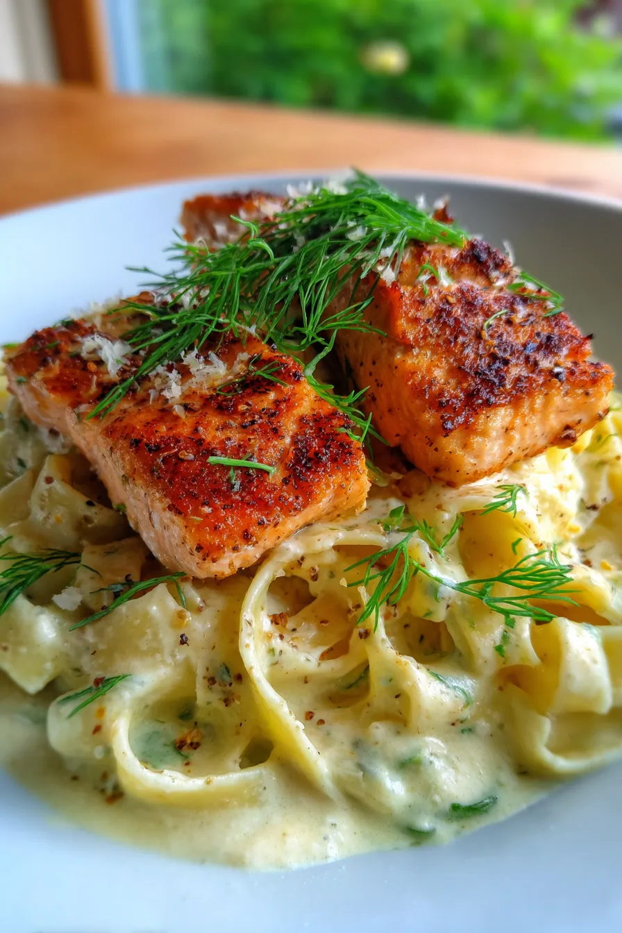 Alfredo with Salmon-garnished-sideview