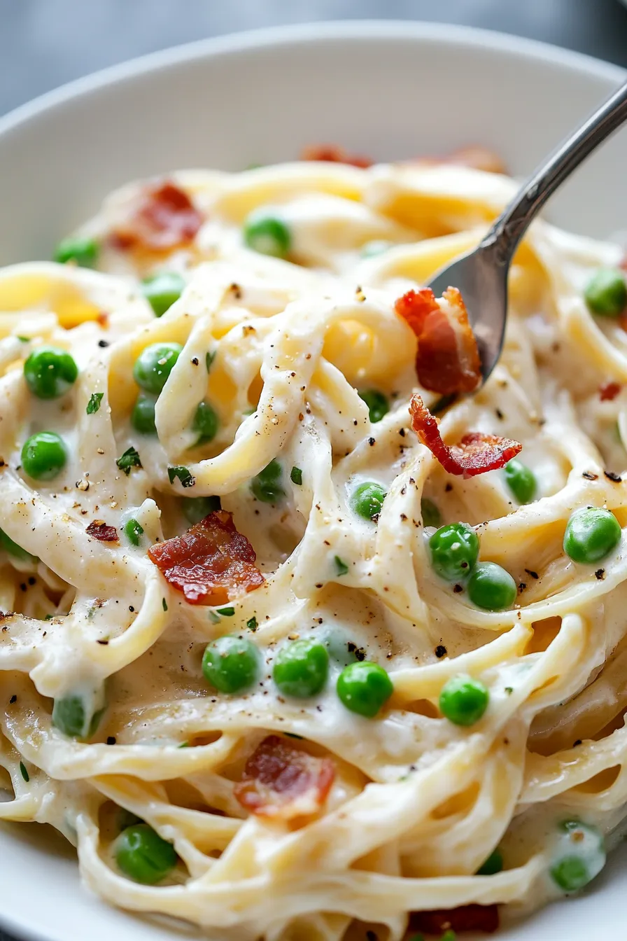 Alfredo with Sweet Peas & Crispy Bacon-closeup-texture