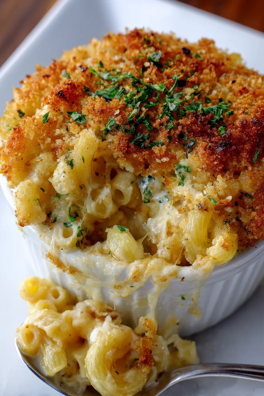Baked mac and cheese casserole overhead