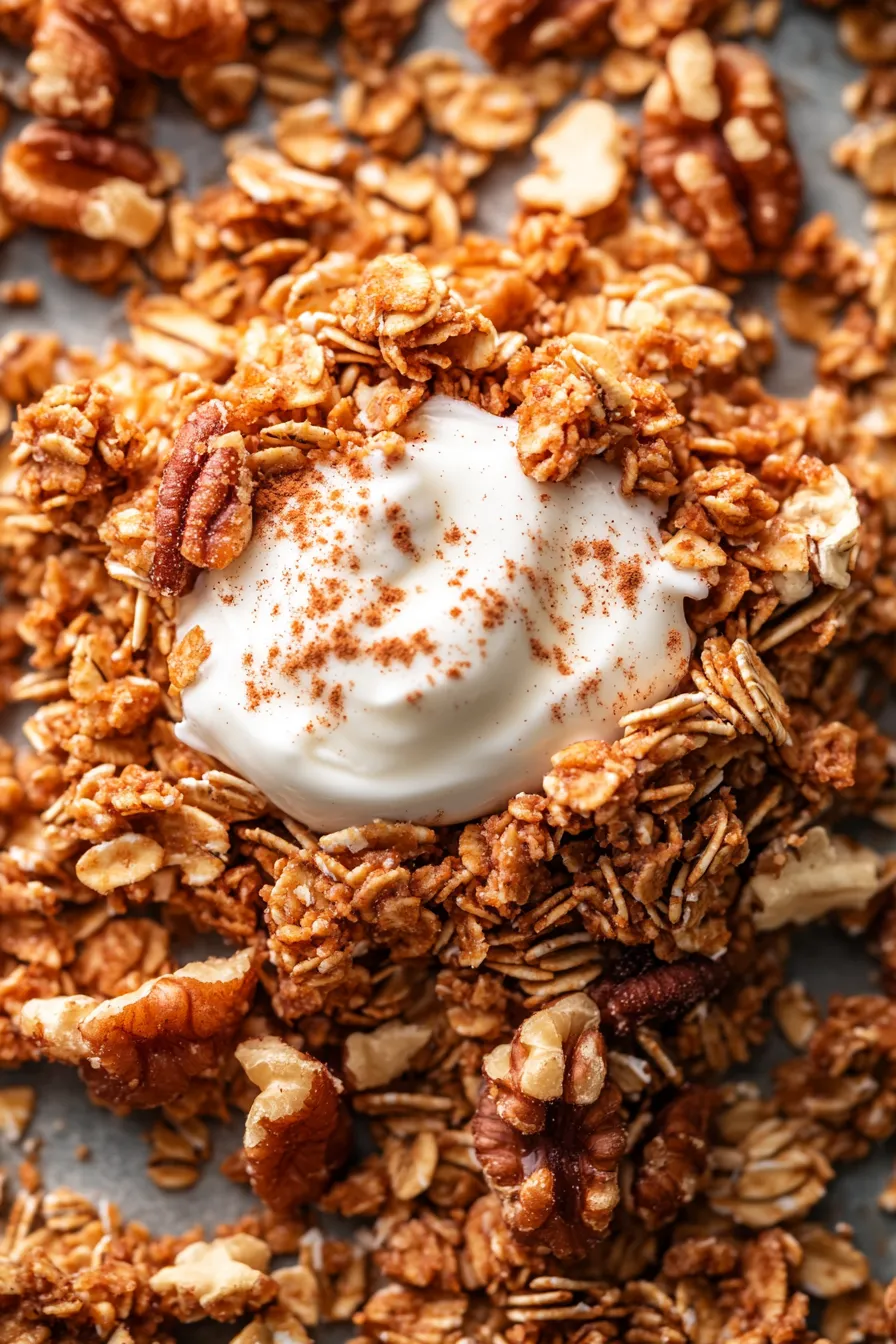 Breakfast bowl with Carrot Cake Granola, creamy yogurt, honey drizzle
