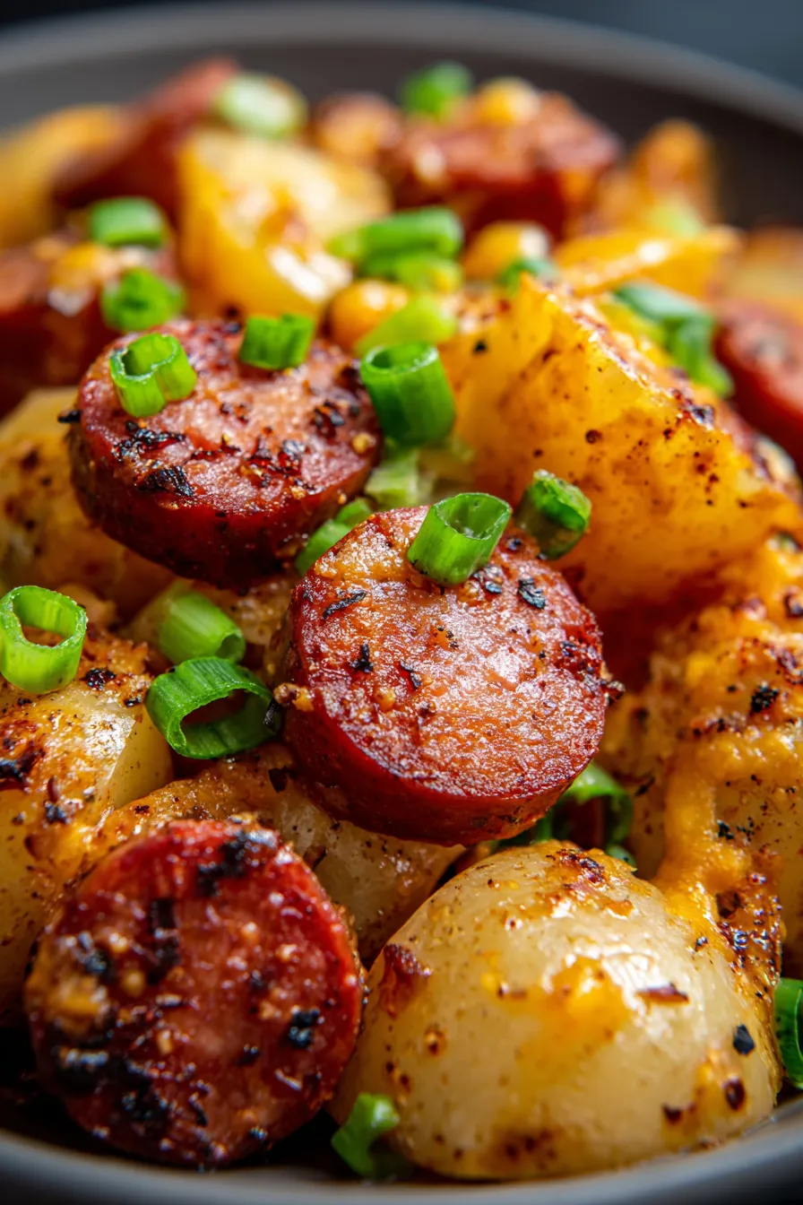 Cheesy Ranch Potatoes and Smoked Sausage Crockpot Dinner-serving-spoon-action