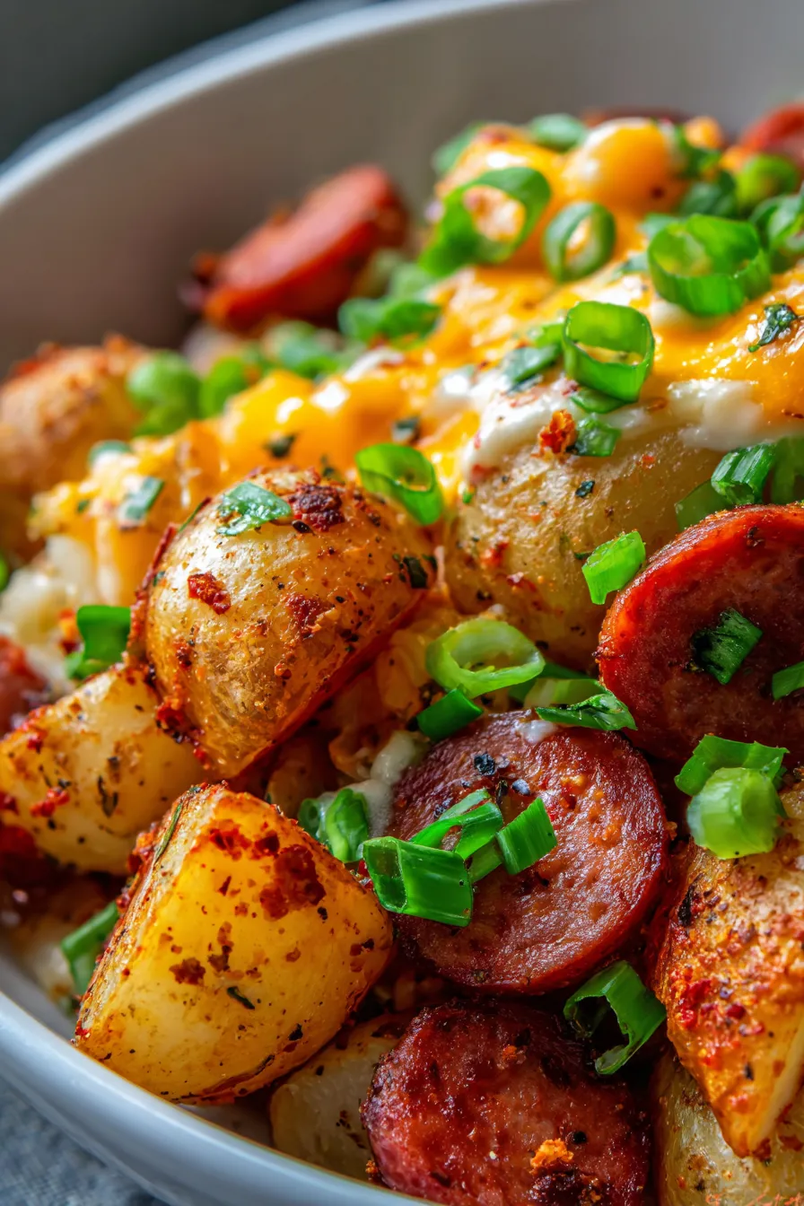 Cheesy Ranch Potatoes with Smoked Sausage (One-Pan Dinner)-texture-closeup