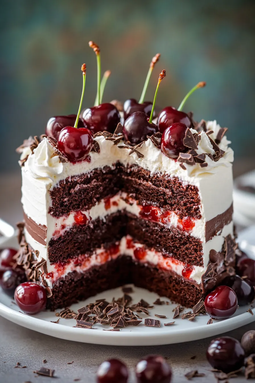 Cherry Chocolate Black Forest Style Cake-slice-closeup-texture