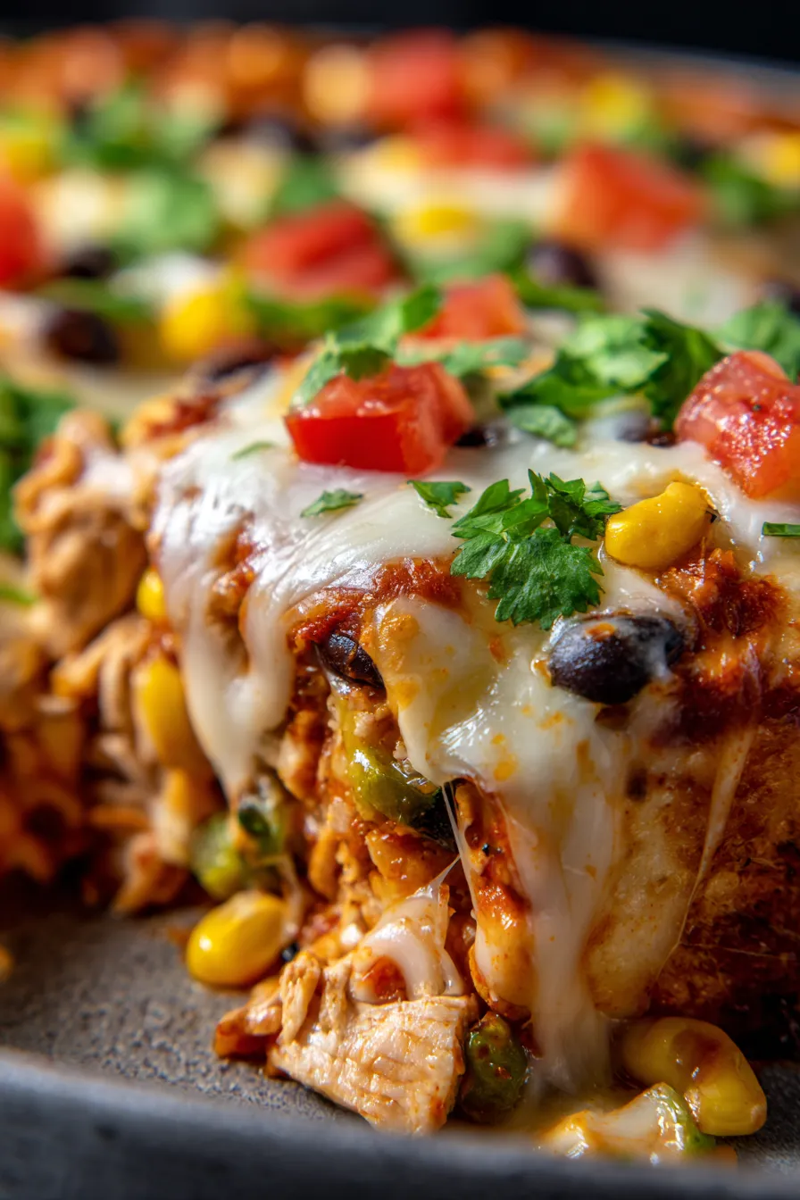Chicken Burrito Casserole-closeup-cheesy-texture