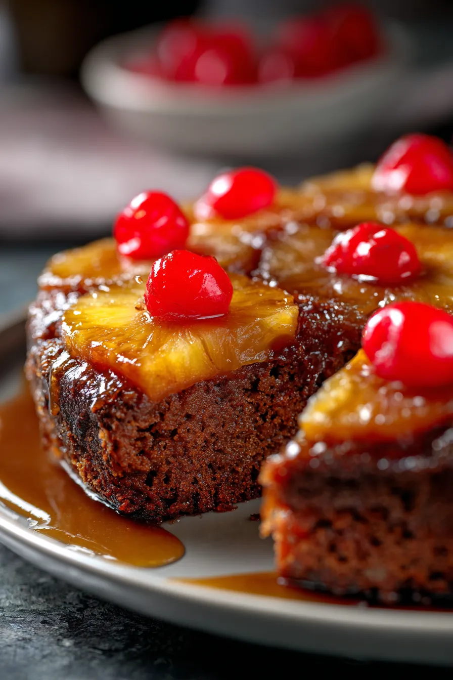 Chocolate Pineapple Upside-Down Cake-caramel-topping