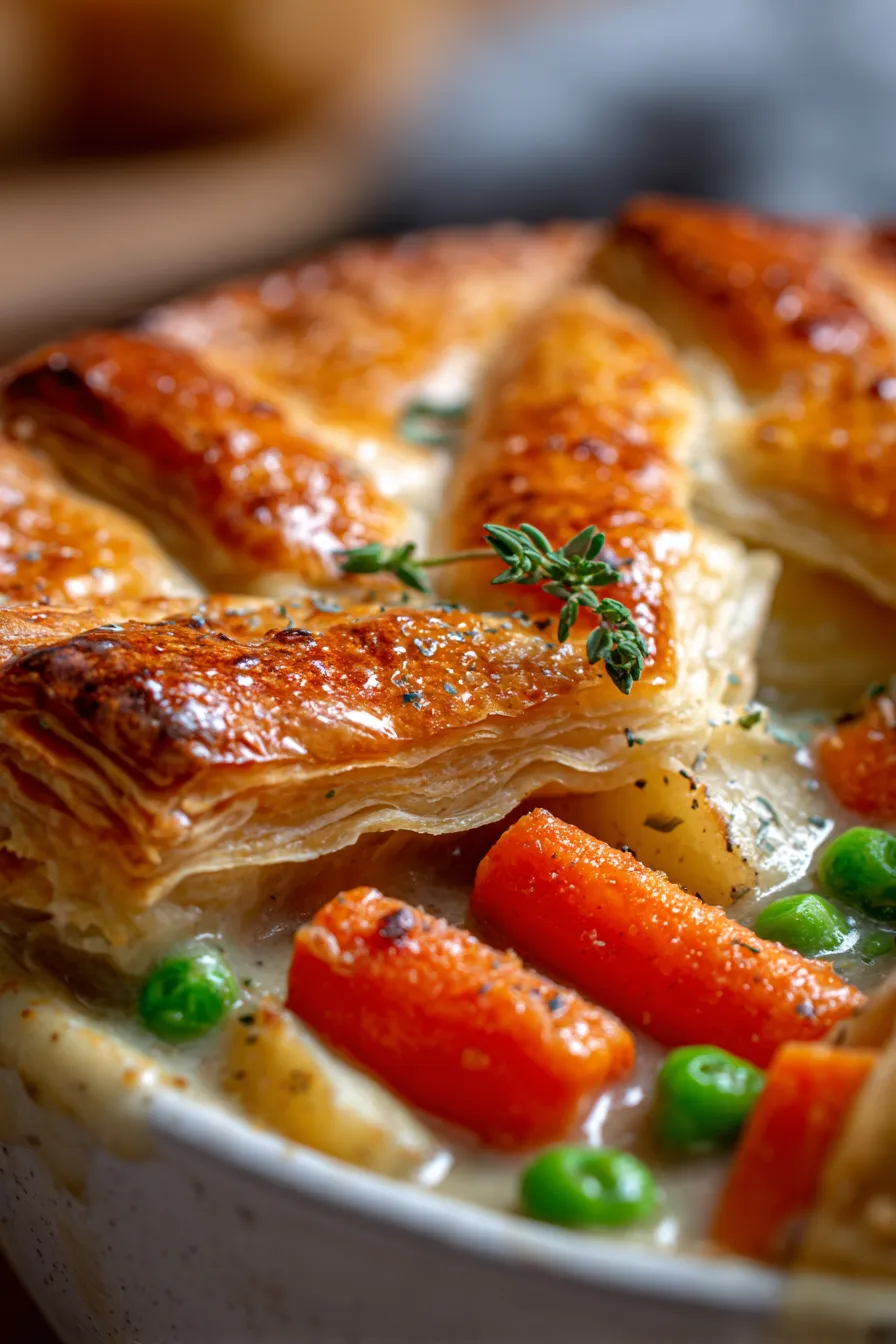 Classic Chicken Pot Pie Made Easy in One Pan-creamy filling-closeup