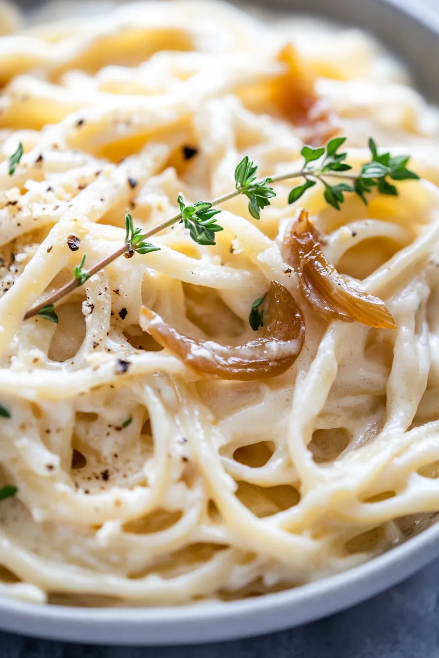 Creamy Alfredo pasta with golden onions and fresh thyme on a fork