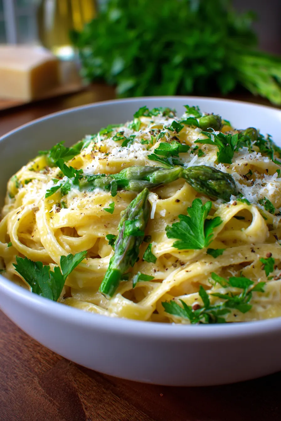 Creamy Alfredo with Asparagus Tips-texture-close-up