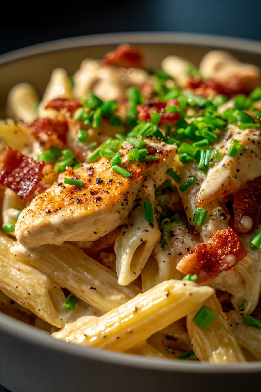 Creamy Chicken Bacon Ranch Pasta - close up of creamy sauce and pasta texture