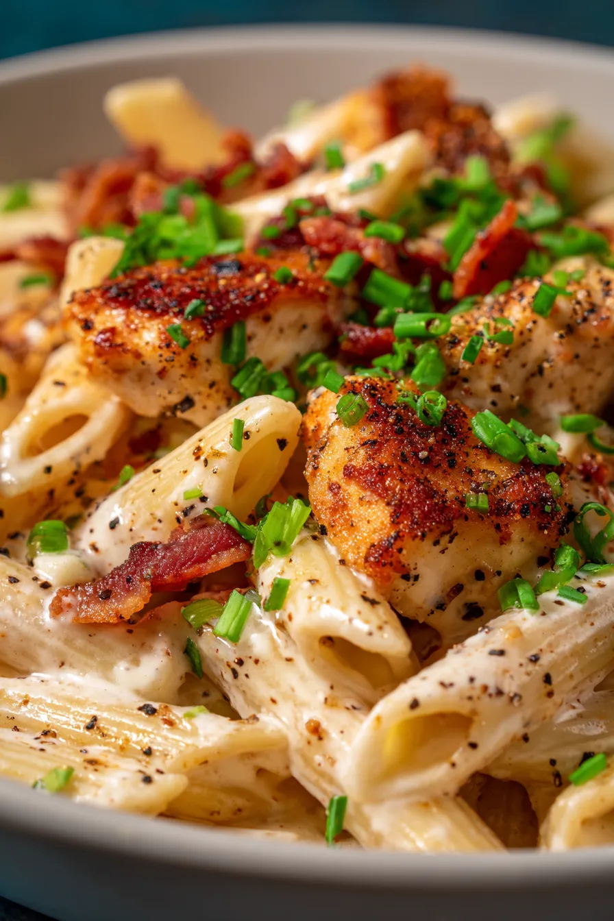 Creamy Chicken Bacon Ranch Pasta - ingredients on a rustic wooden board
