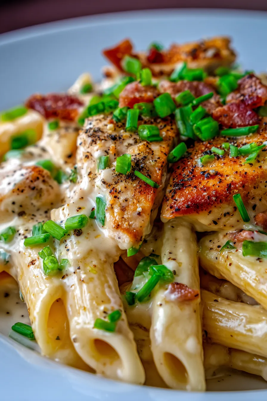 Creamy Chicken Bacon Ranch Pasta - serving bowl with fork and steam