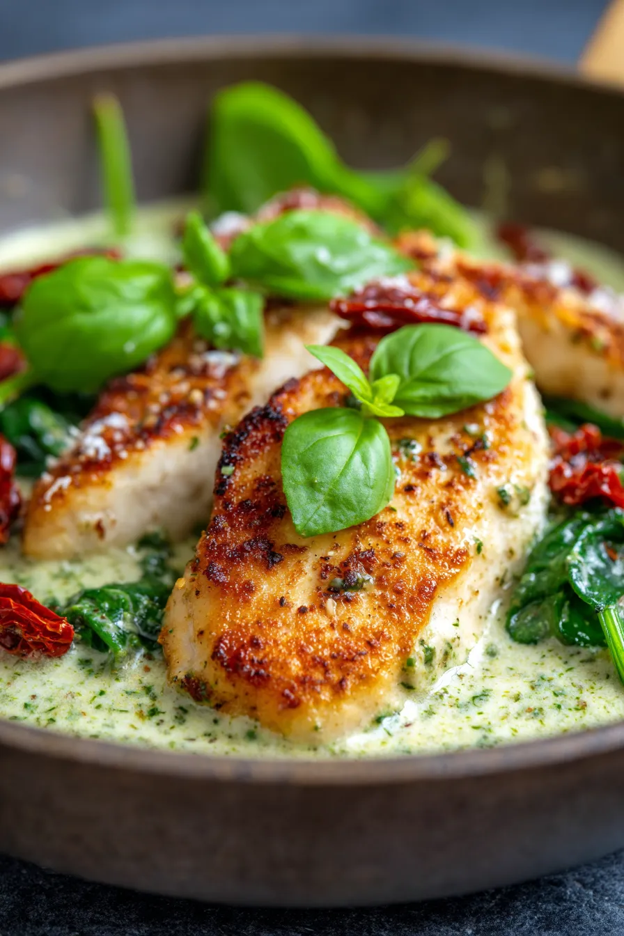 Creamy Pesto Chicken Recipe (Easy Skillet Dinner)-sauce-texture-closeup