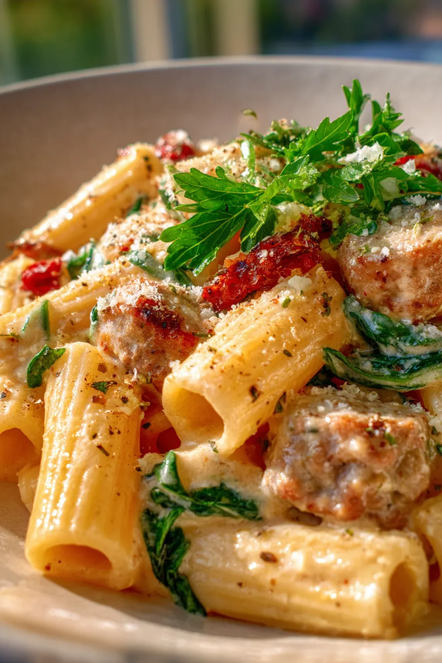Creamy Sausage Rigatoni with Spinach-serving-garnish