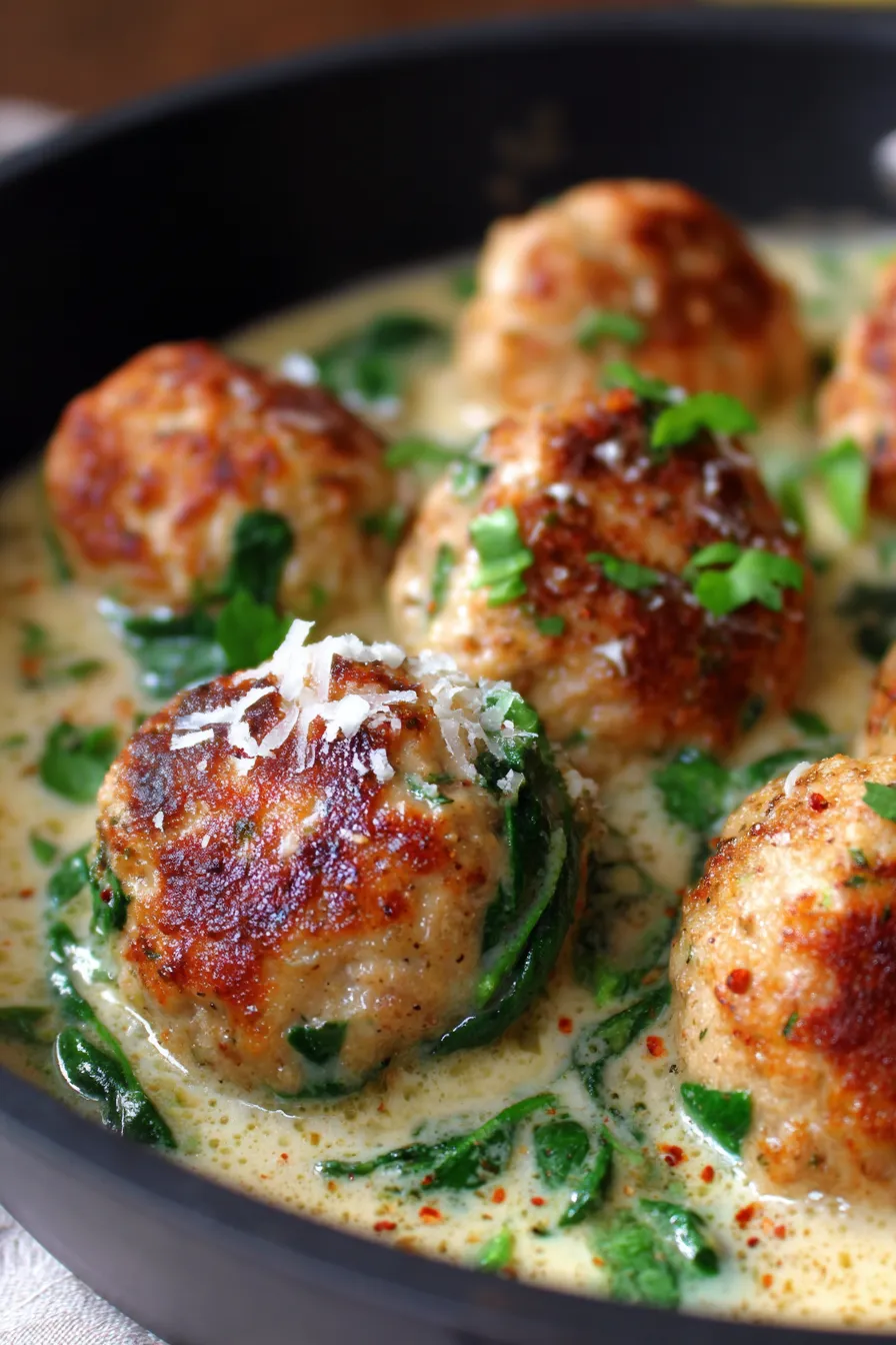 Creamy Spinach Turkey Meatballs for Easy Meal Prep-plated-sideview