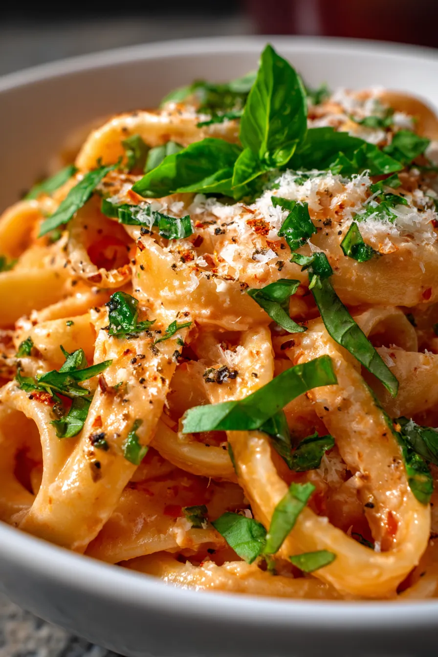 Creamy Tomato Alfredo (Rosé Style) on fork, steam rising, elegant