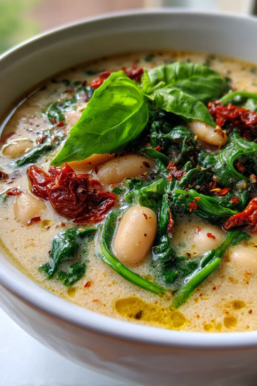 Creamy Tuscan White Bean Soup (One-Pot Comfort Meal)-serving-garnish