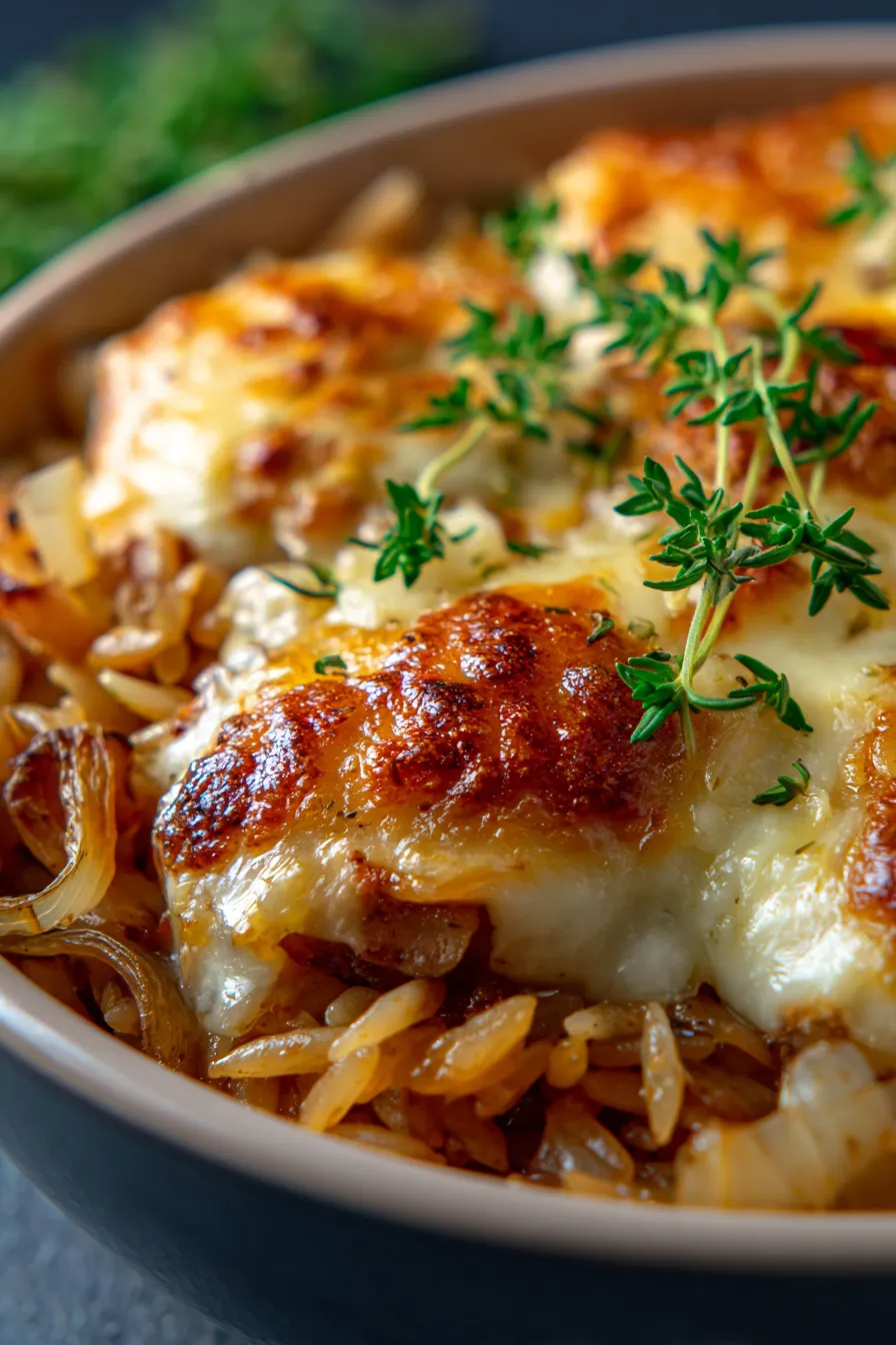 Crockpot French Onion Chicken with Orzo Casserole-cheesy-topping