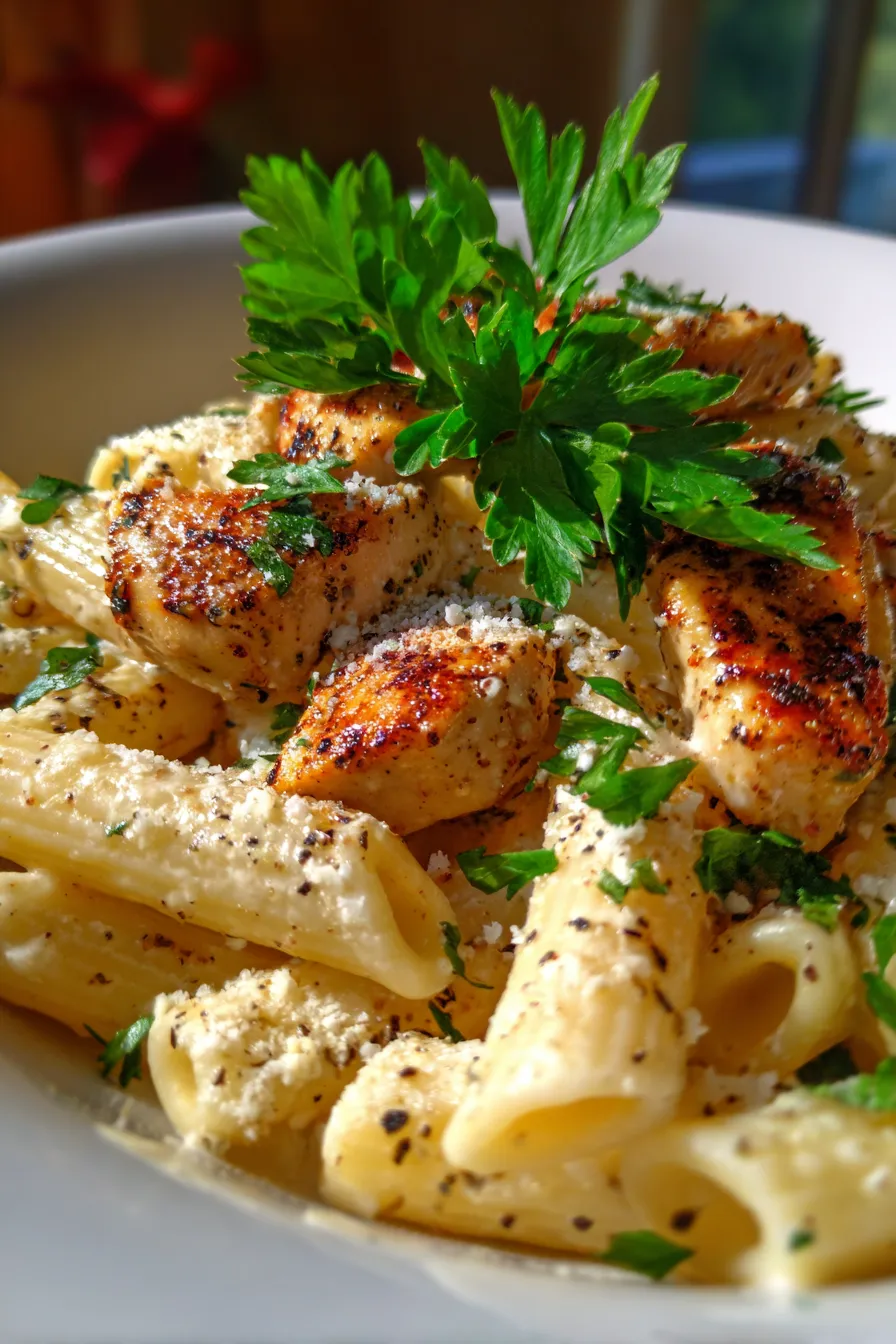 Crockpot Garlic Parmesan Chicken Pasta-serving-garnish