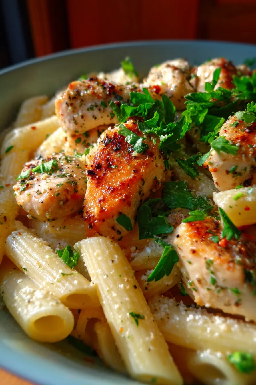 Crockpot Garlic Parmesan Chicken Pasta-texture-closeup