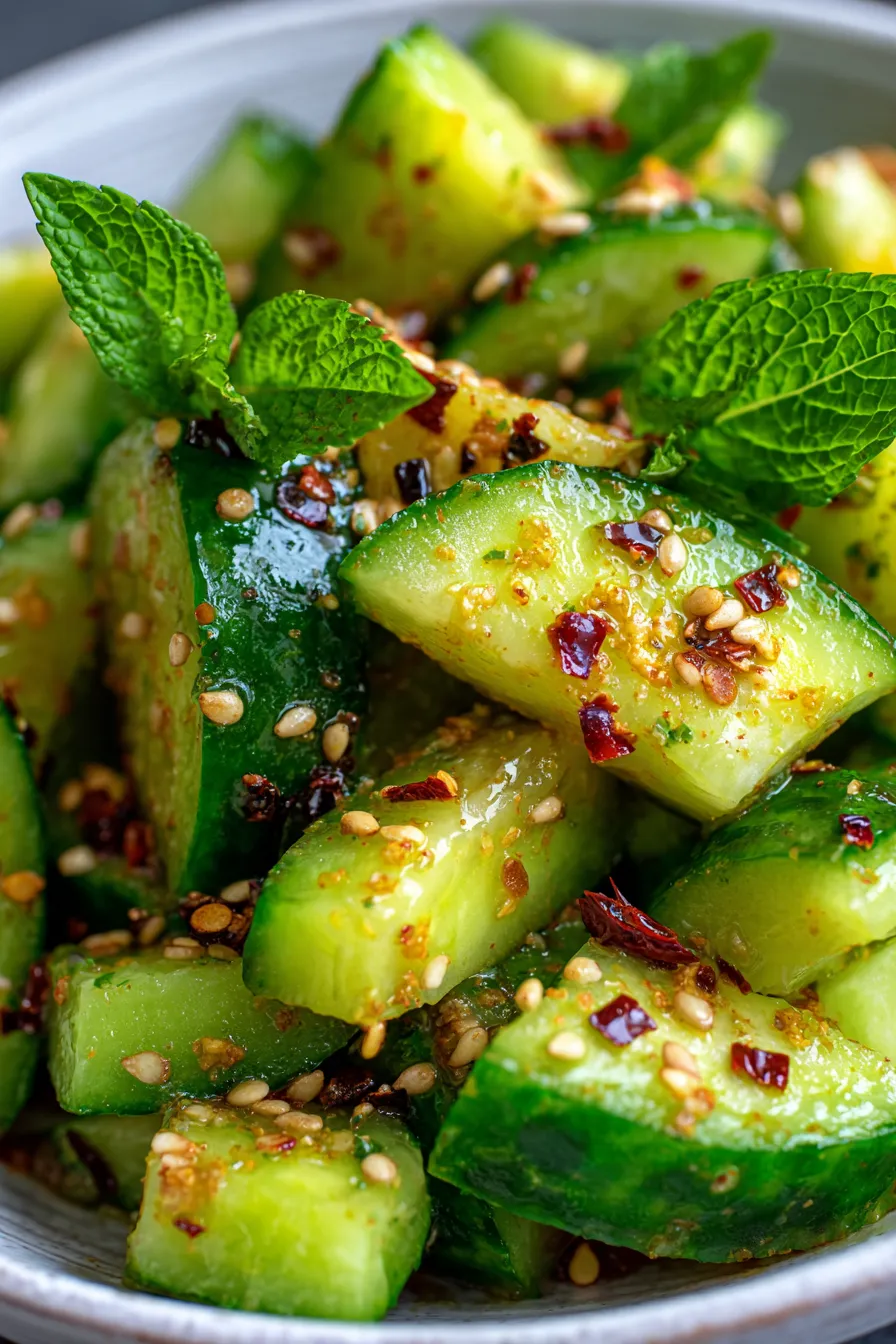 Easy Asian Cucumber Salad-chili-sesame-detail