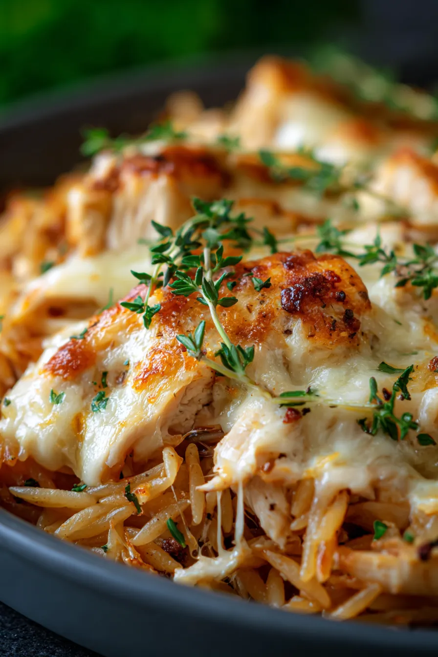 French Onion Chicken Orzo Casserole-creamy-texture-closeup