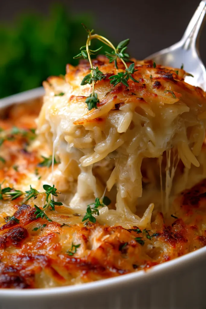 Ultimate Creamy French Onion Chicken Orzo Casserole