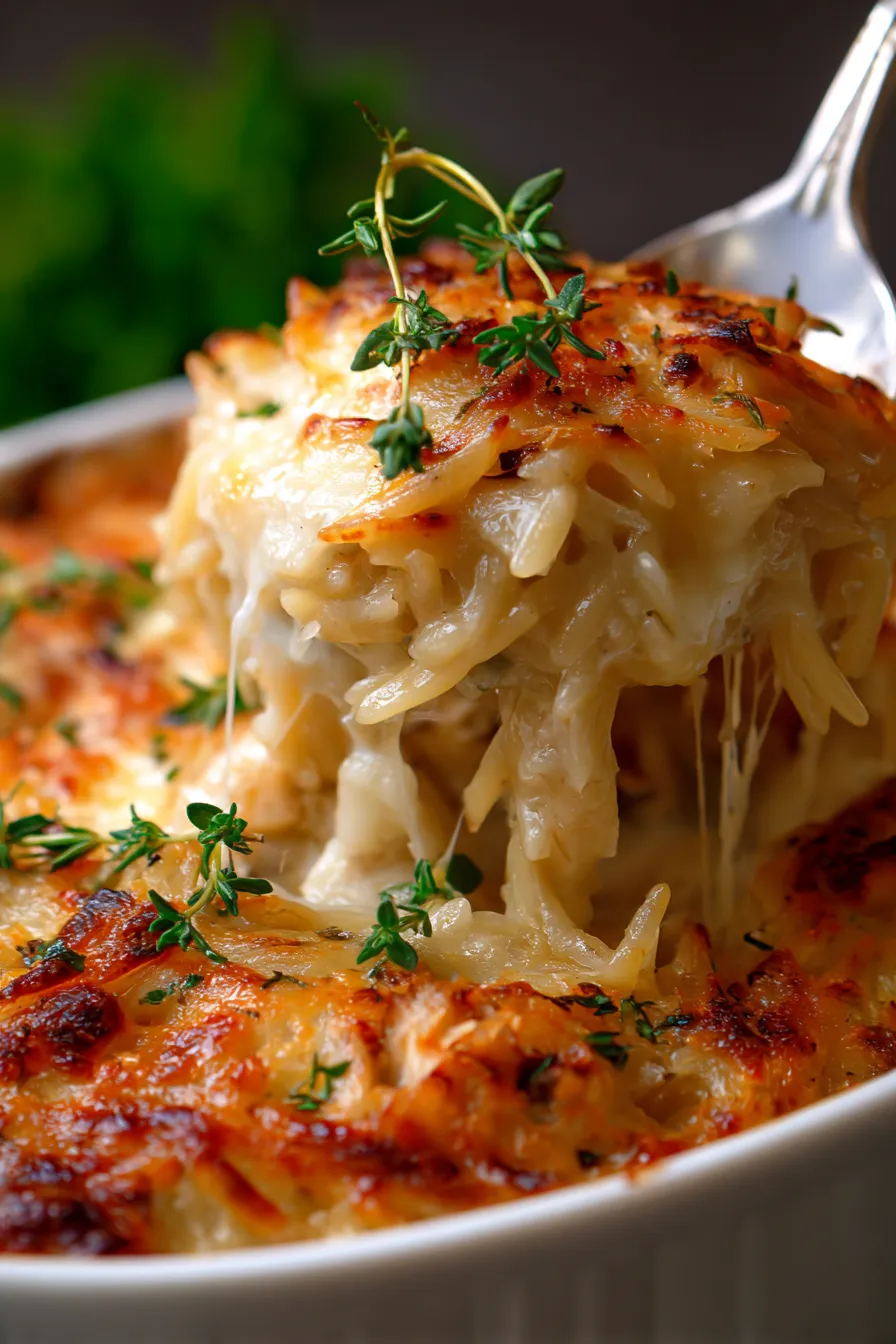 Ultimate Creamy French Onion Chicken Orzo Casserole