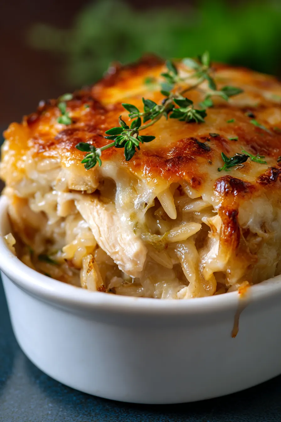 French Onion Chicken Orzo Casserole-serving-spoon-comfort-food