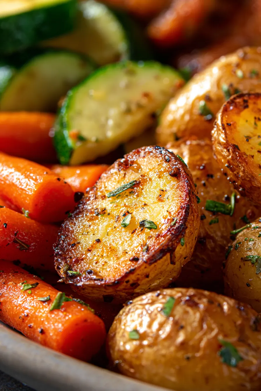 Garlic Herb Roasted Potatoes with Carrots & Zucchini-texture-closeup