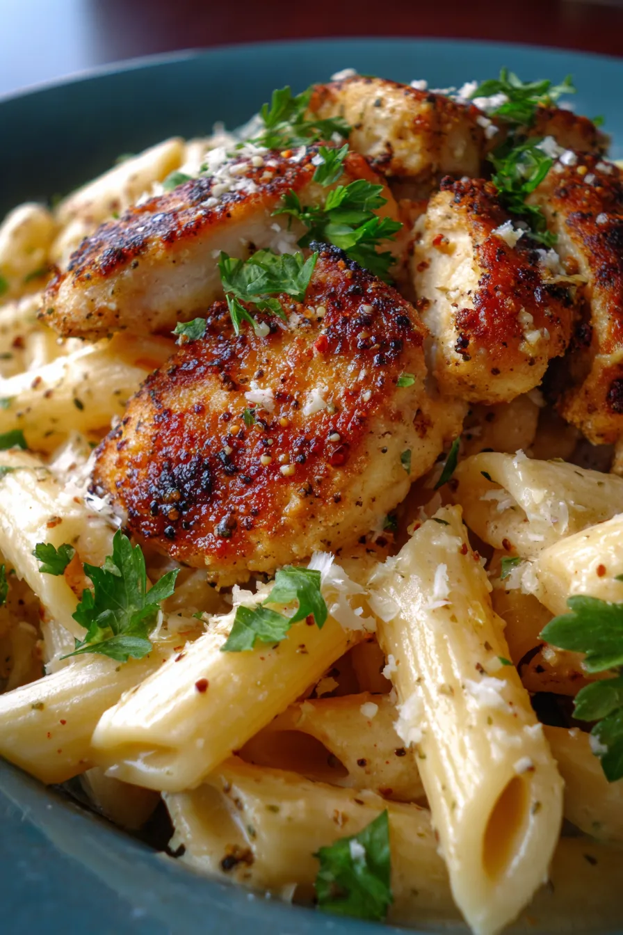 Garlic Parmesan Chicken Pasta-chicken pieces-closeup