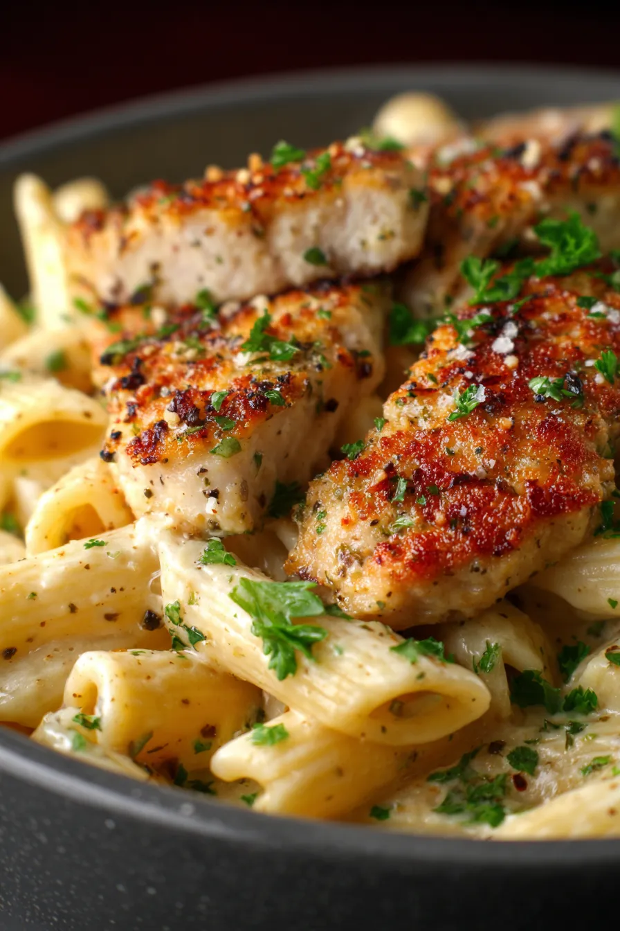 Garlic Parmesan Chicken Pasta-garnished parsley-macro