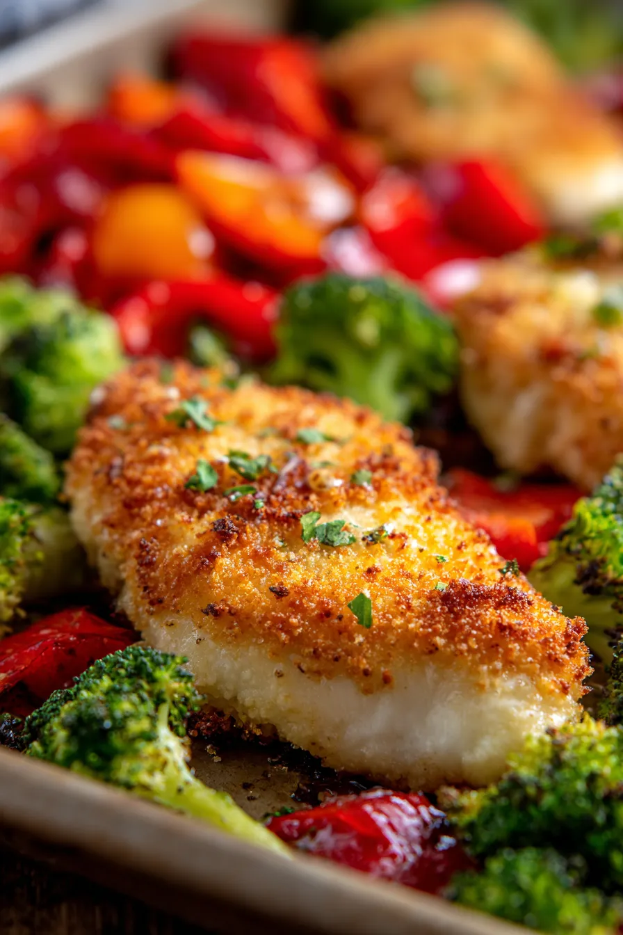 golden crispy chicken and roasted vegetables