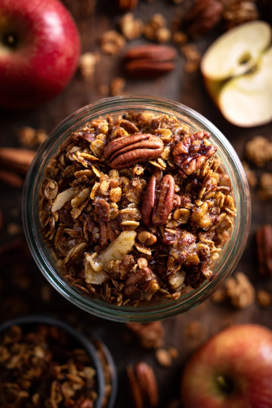 jar of apple granola with maple drizzle