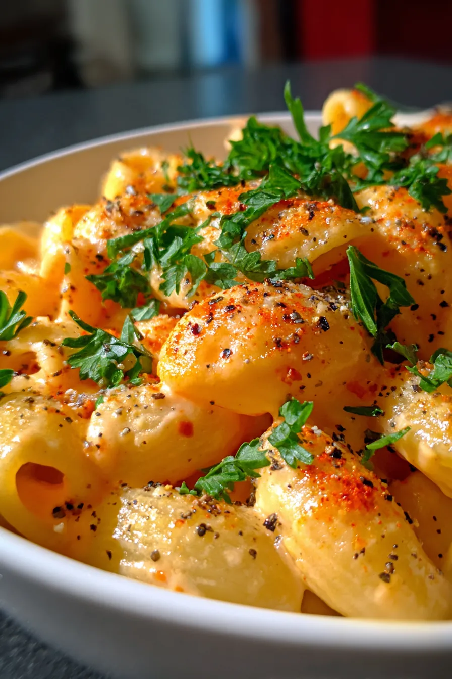 Mac and Cheese with Carrot Cream Sauce-close-up-texture