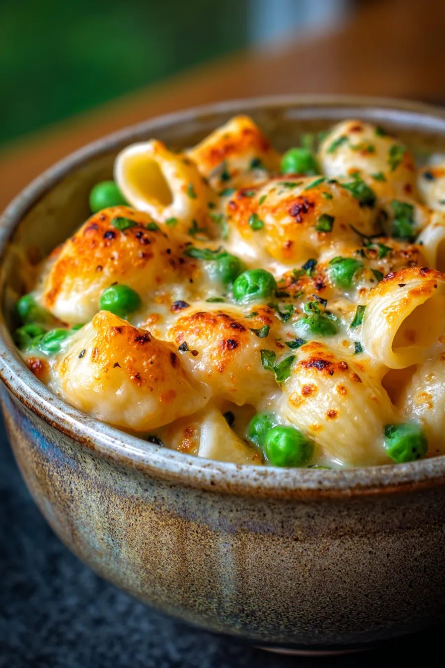 mac and cheese with green peas-closeup-texture-cheesy