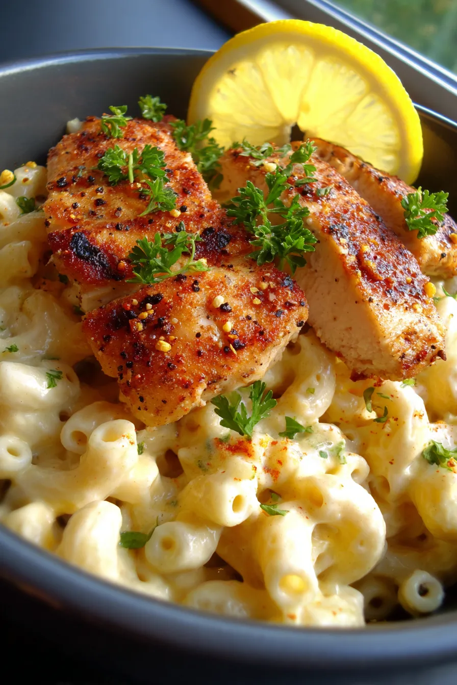 Mac and Cheese with Lemon Pepper Chicken-creamy-closeup