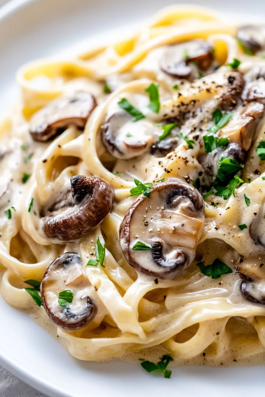 Mushroom Alfredo with Truffle Style Flavor-served-sideview