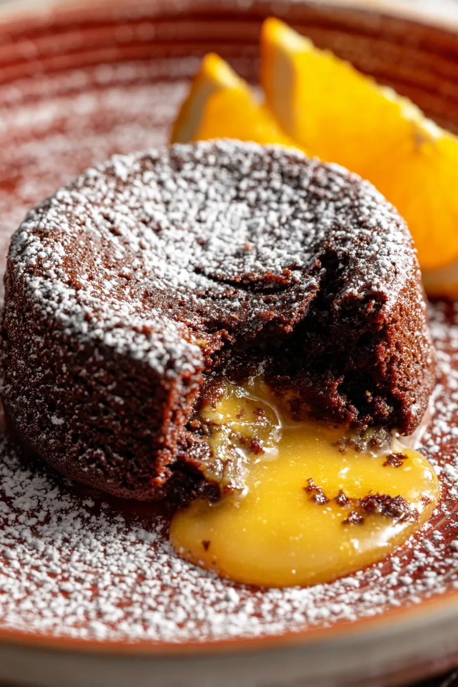 Orange glaze dripping on chocolate cake