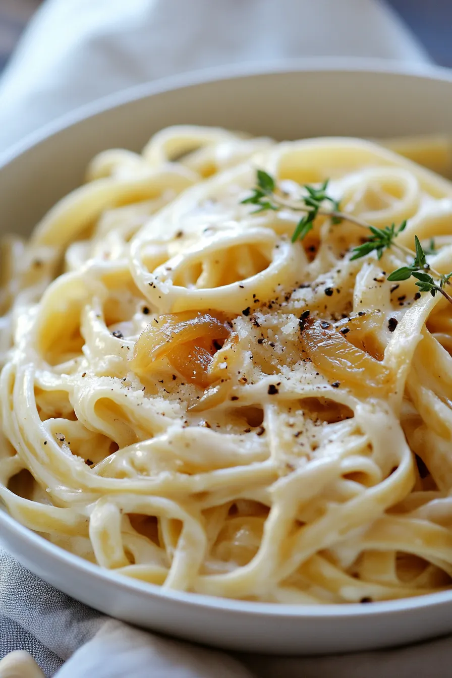 Overhead shot Alfredo pasta with steam, rustic setting