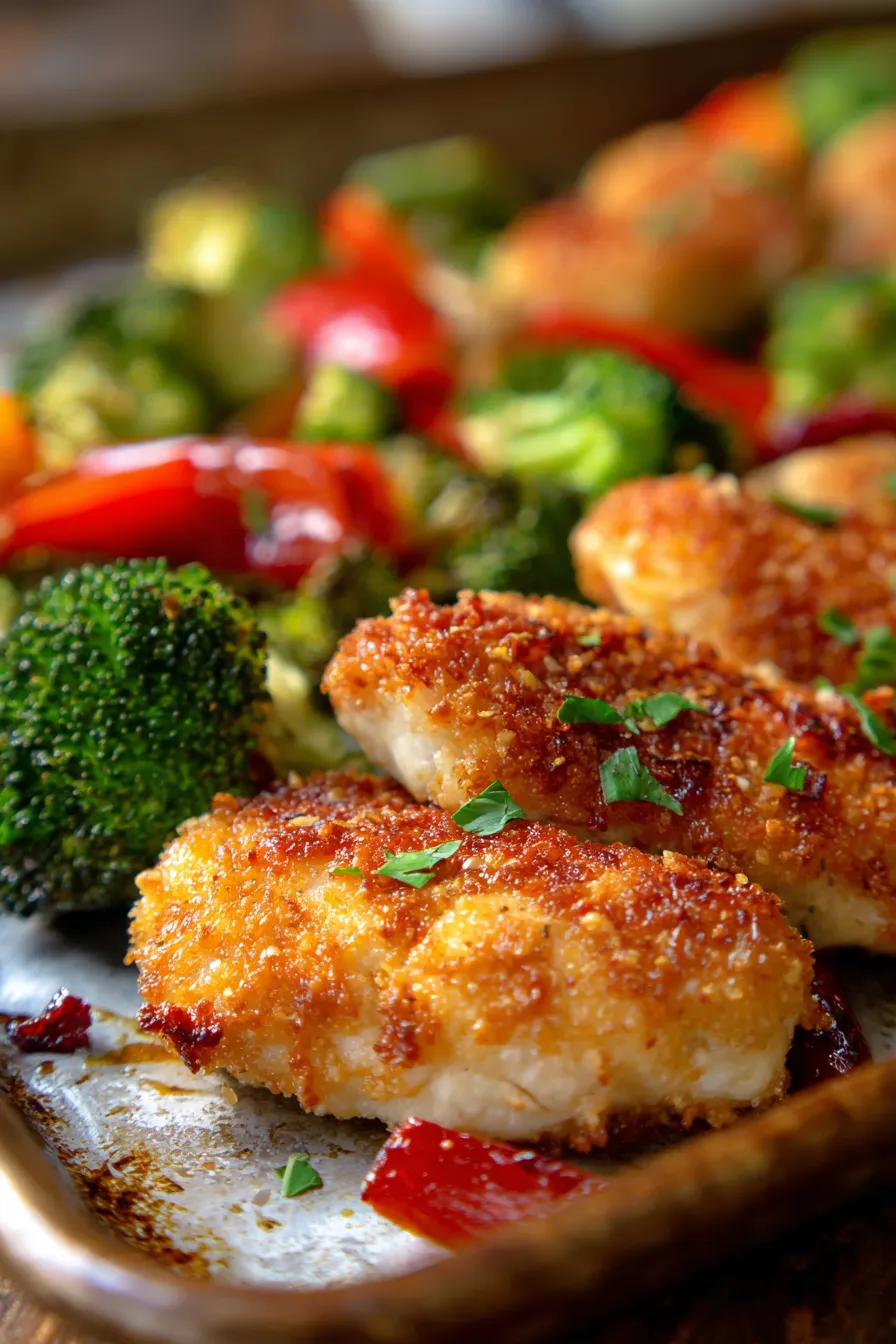 Parmesan Crusted Chicken Sheet Pan Dinner (Crispy &amp; Juicy)-texture-closeup