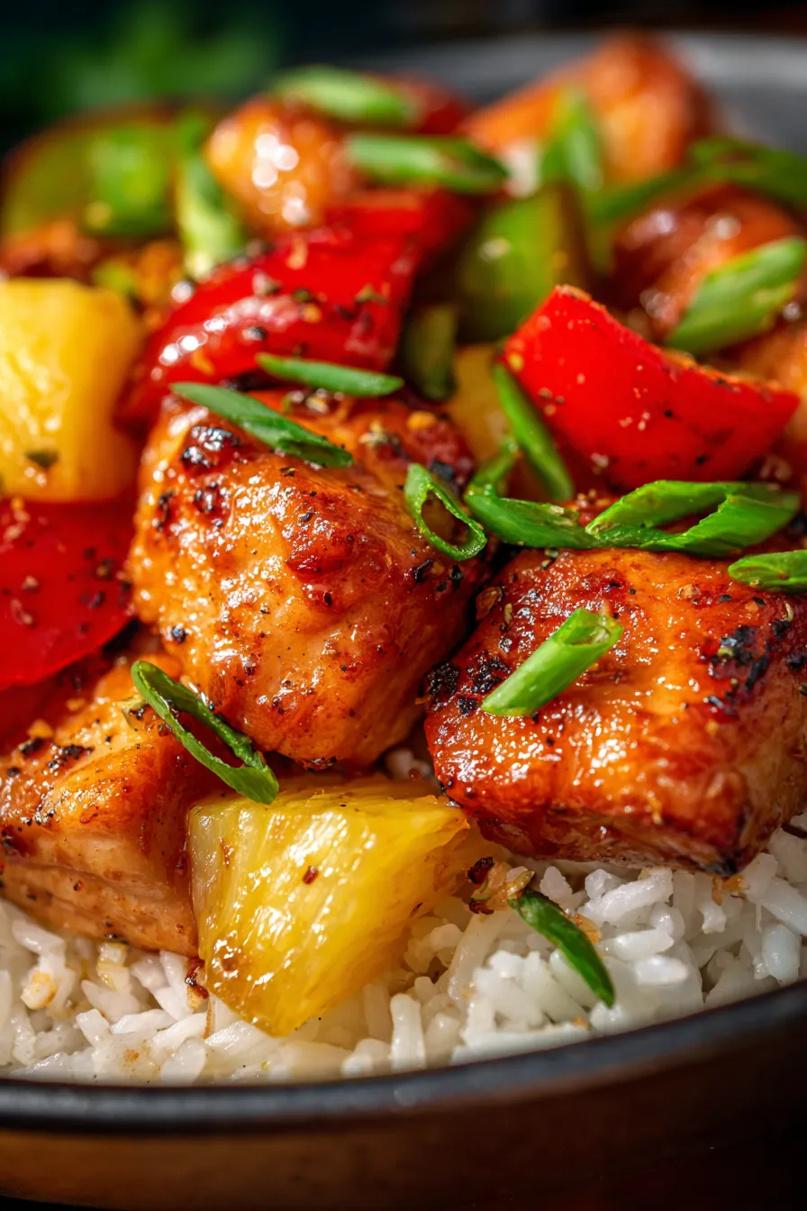 pineapple chicken and rice - closeup with vibrant colors
