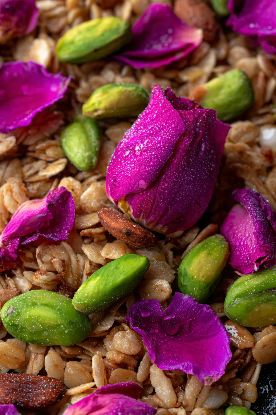 Pistachio Rose Granola-clusters-texture-overhead
