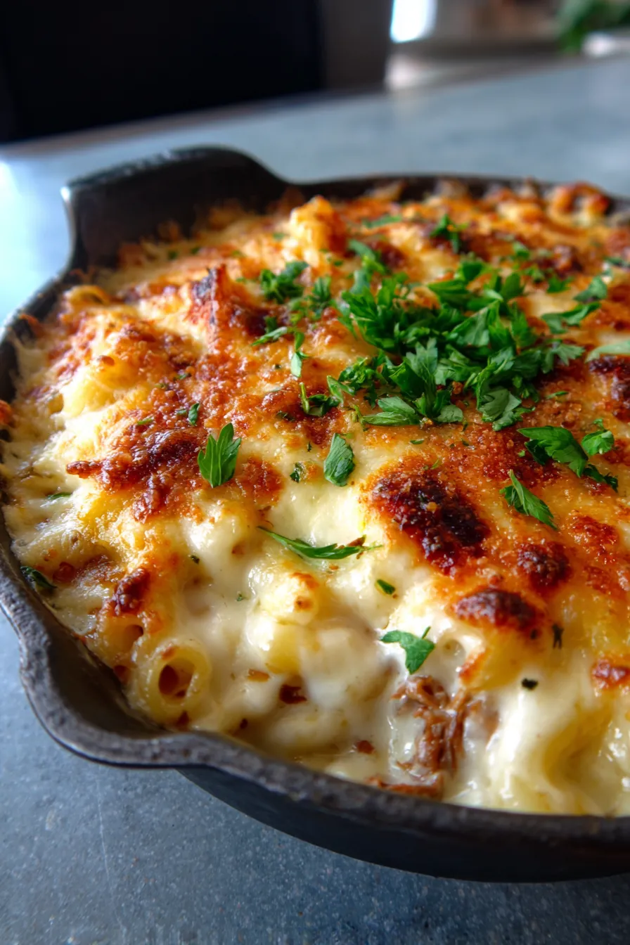 Pulled Beef Mac and Cheese-bake-steam