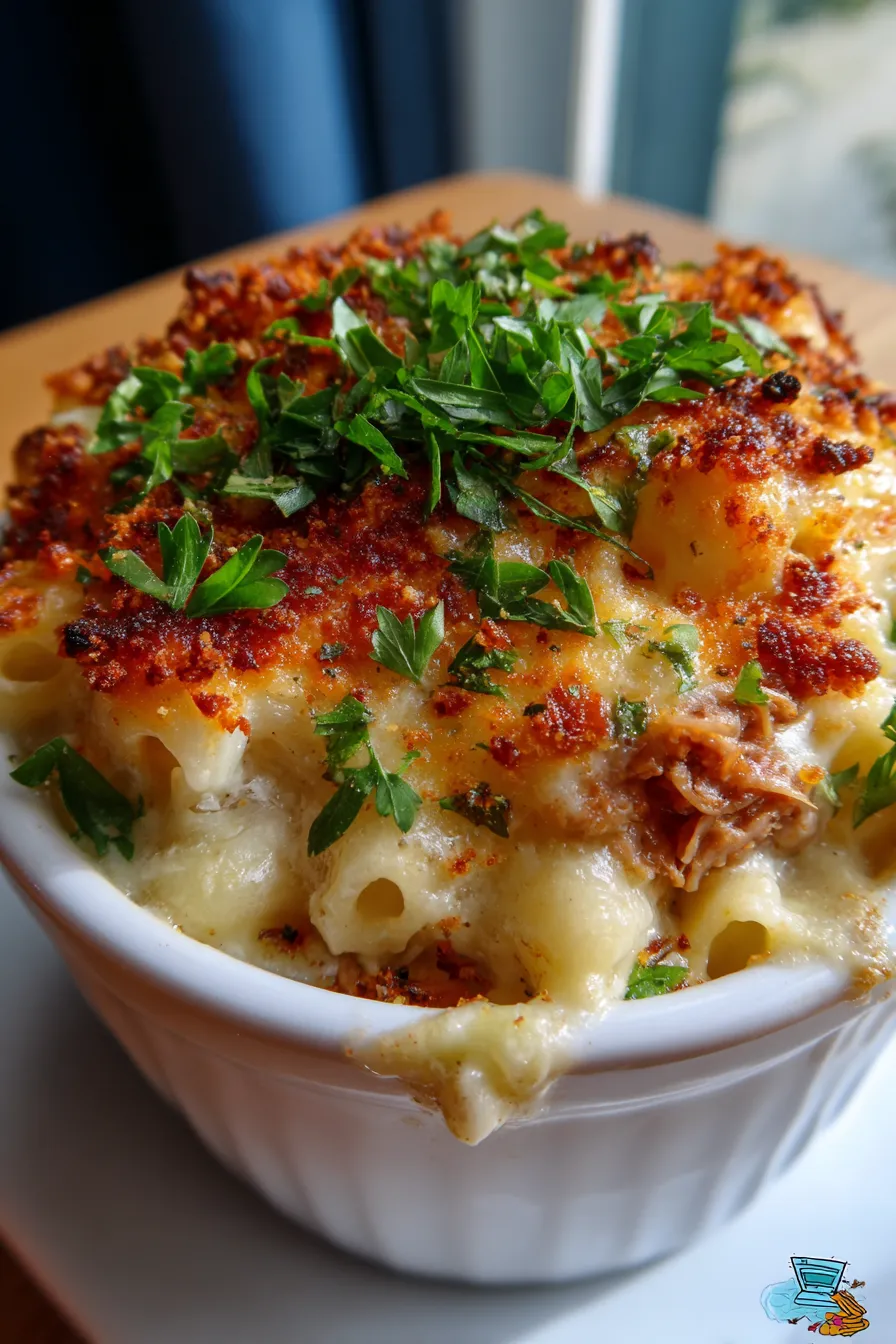 Pulled Beef Mac and Cheese-serving-rustic